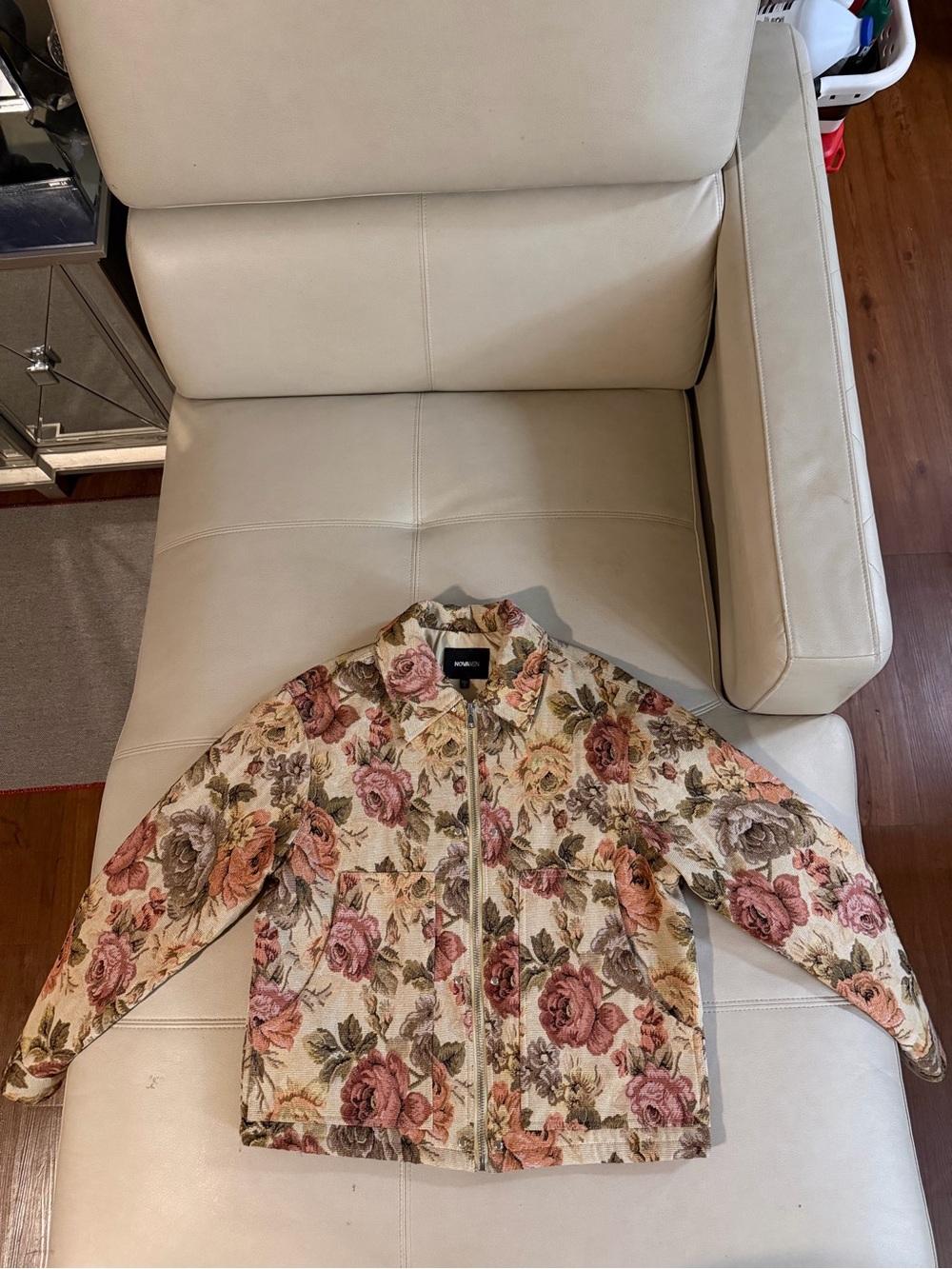 Floral Zip-Front Jacket - Beige with Pink Roses